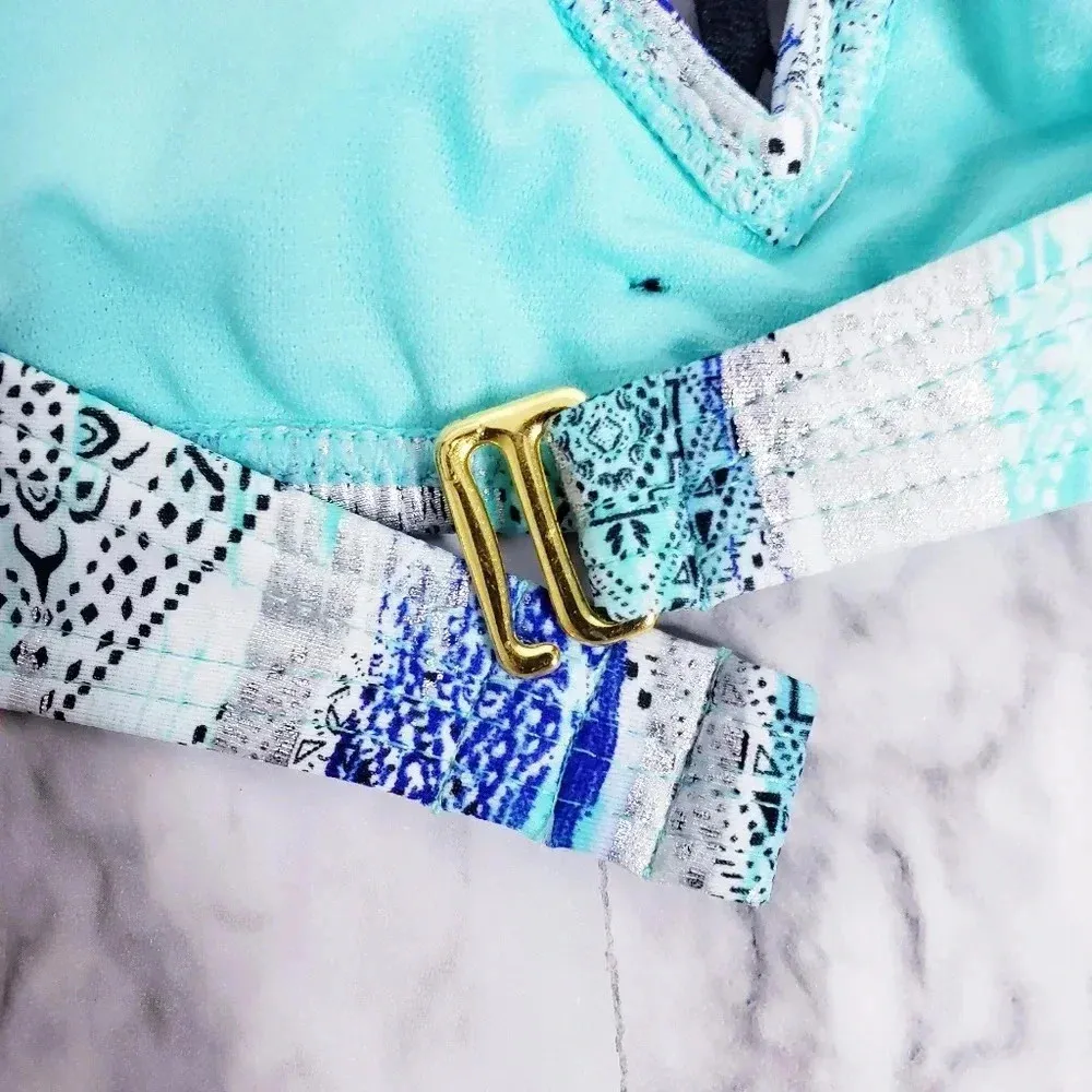 Ambrielle Bra Swimwear Sz Large High Neck Lace Pattern Halter Strap Geometric Blue - Image 11