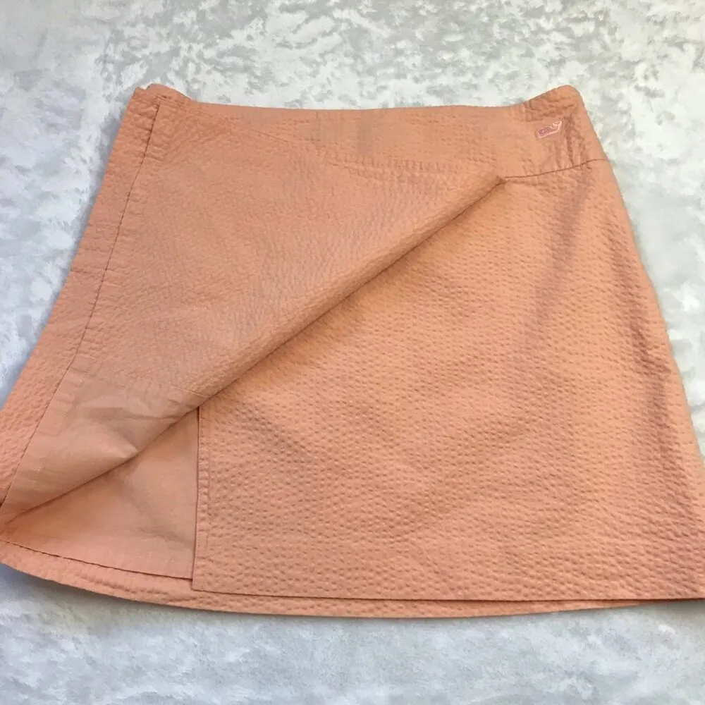Vineyard Vines Faux Wrap Seersucker Mini Skirt Women's Size 4 Peach Cotton Lined - Image 8