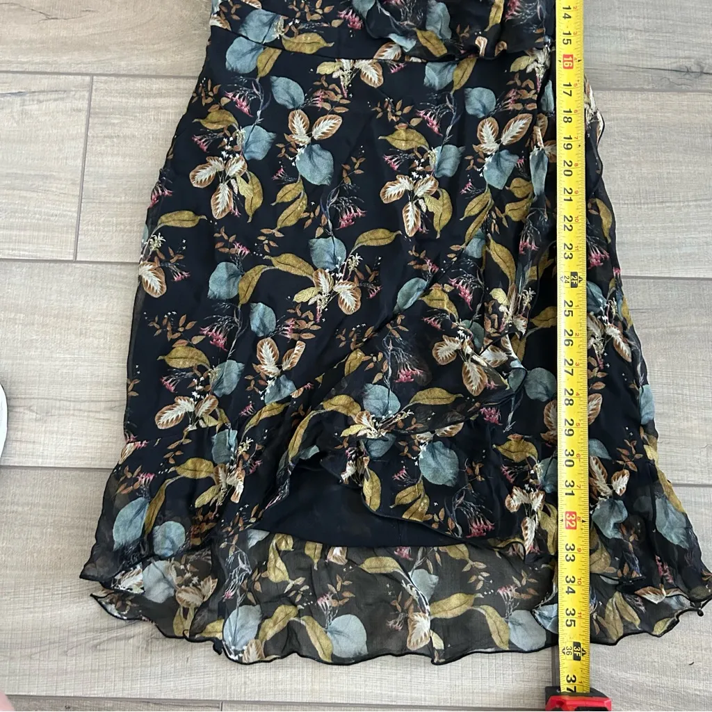 NICOLAS Black Floral V Neck Spaghetti Strap Ruffle Silk Cotton Mini Dress 4 - Image 14