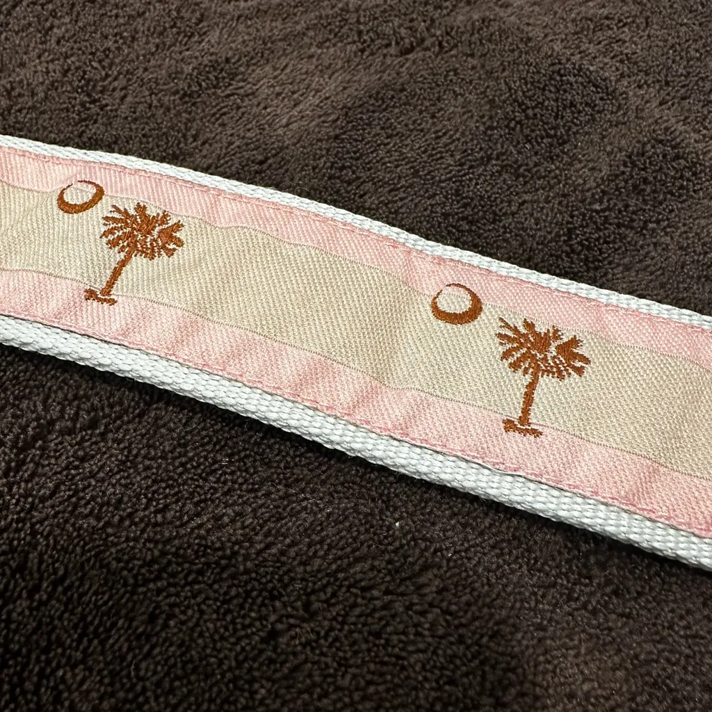 Toe Gaz Pink Cream Canvas Brass D Ring Belt w/ Palm Trees Pattern. - Image 3