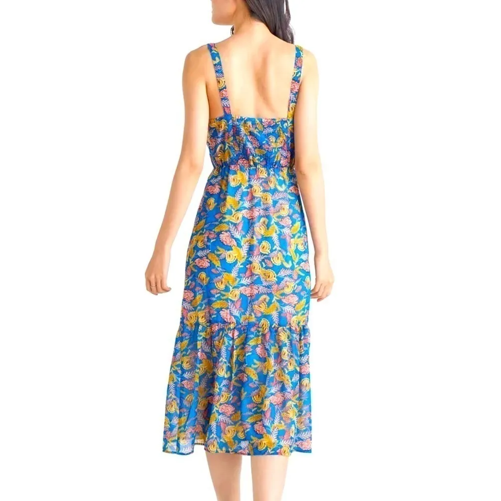 Black Tape soft leaves floral smocked midi dress with tiered ruffle. Size S.NWT. Blue - Image 2