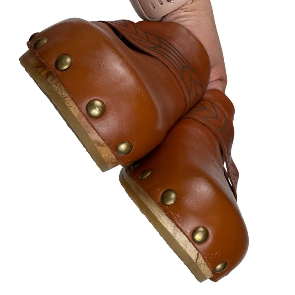 Free People Chloe Brown Leather Studded Wood Chunky Block Clogs/Boho/Western-6.5 - Image 7