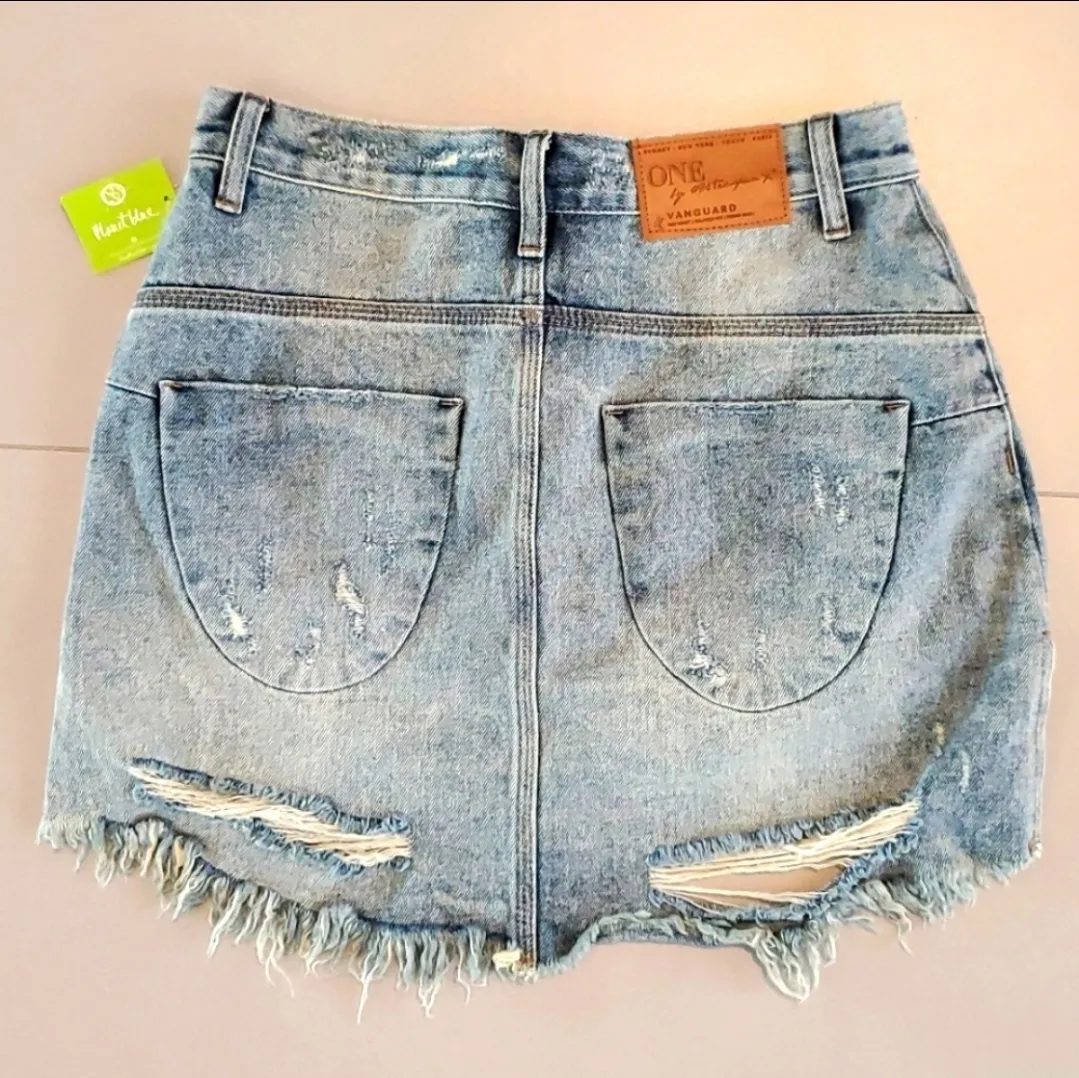 One Teaspoon  High Waist Distressed Denim Mini Skirt Blue Storm - Image 2