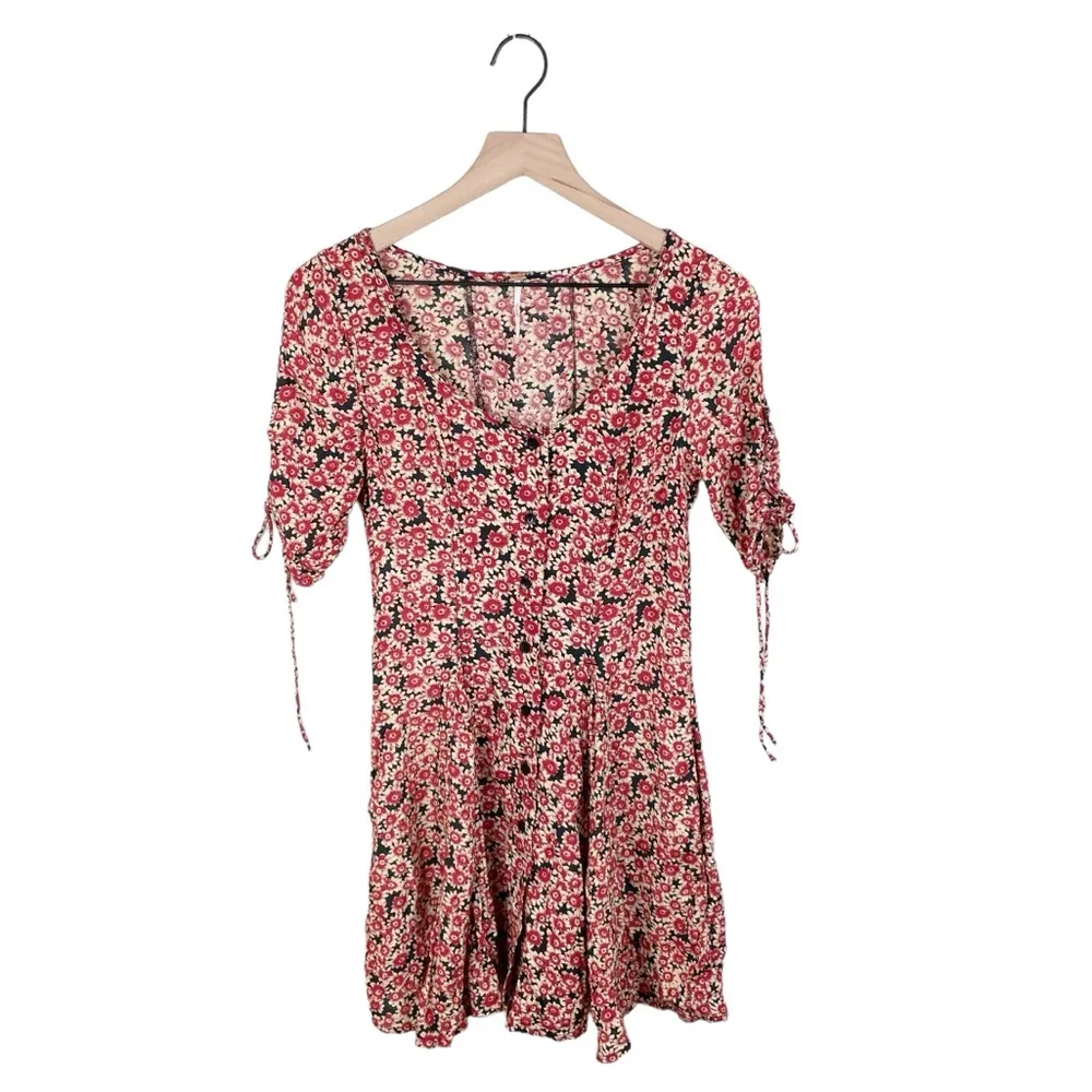 Free People Laced Up Mini Dress Black Red Ditsy Floral Print Women's Size Small - Image 14