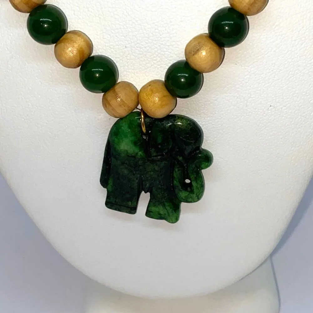 Handmade Beaded Wood & Green Elephant Necklace - Image 2