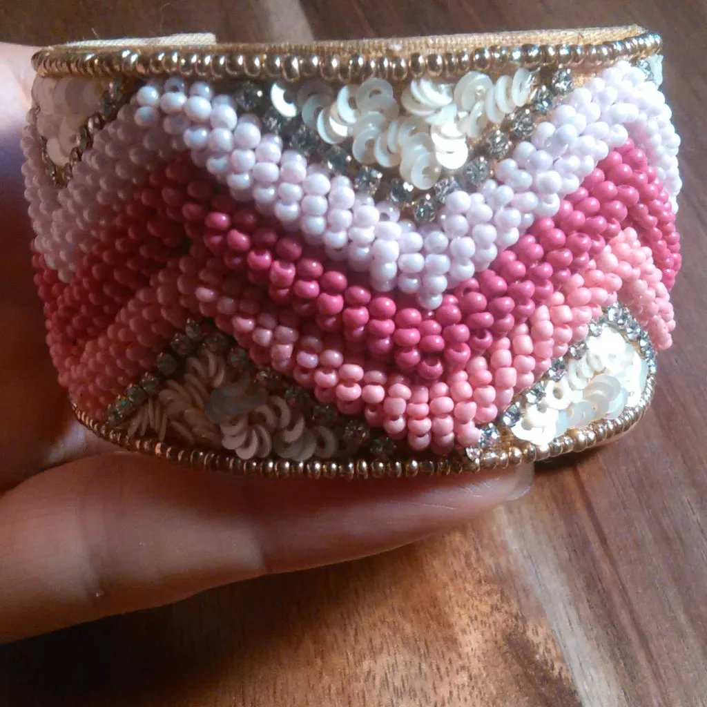 Handcrafted Pink Seed Bead, White Crystal, and Sequin Cuff Bracelet - Image 3