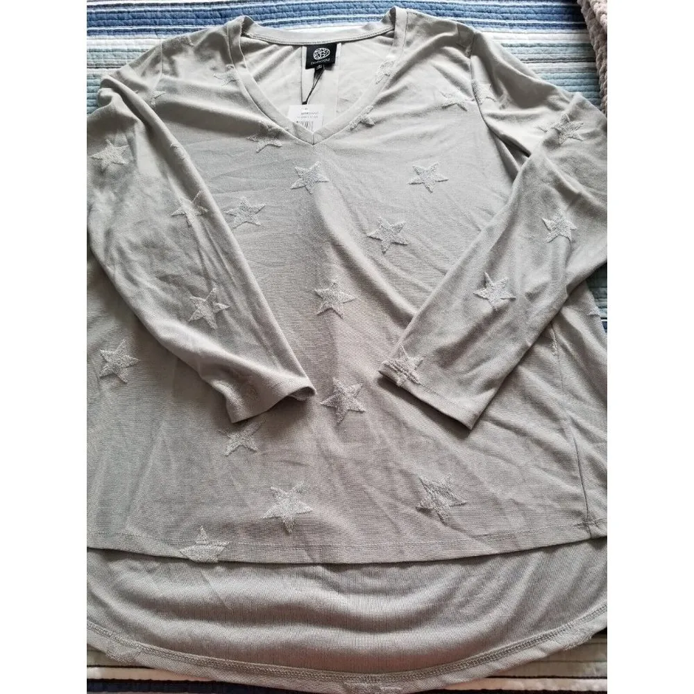 Bobeau Flocked V-Neck Top Long Sleeve Grey Stars Hi-Low Hem Womens Size Large L - Image 5