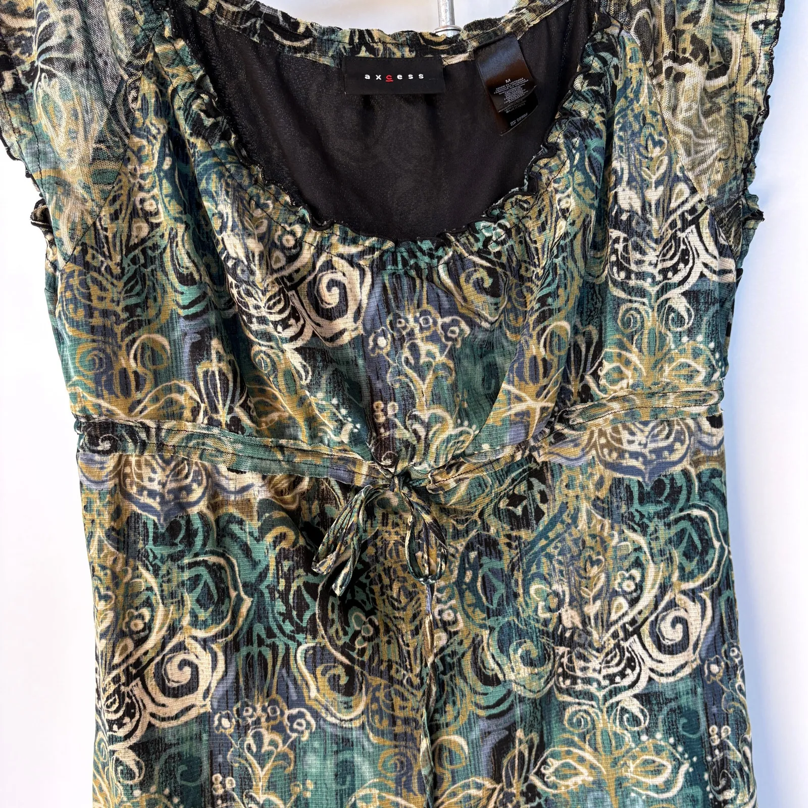 Y2K Babydoll Paisley Top Office Siren Green Blue Adjustable Sheer Sleeve Medium Black - Image 4