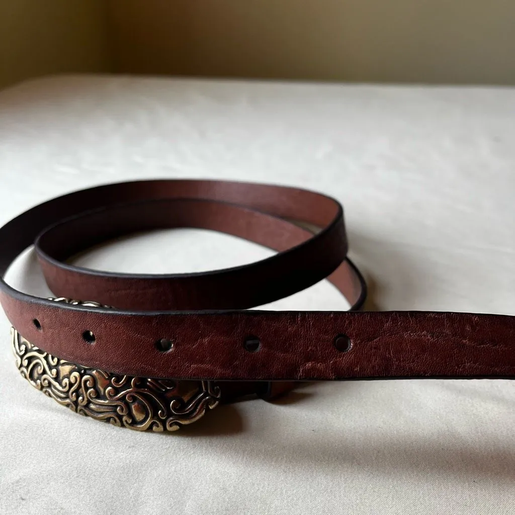 Retro Brown Leather Skinny Belt Gold Tone Floral Embossed Buckle Boho Western XL - Image 7
