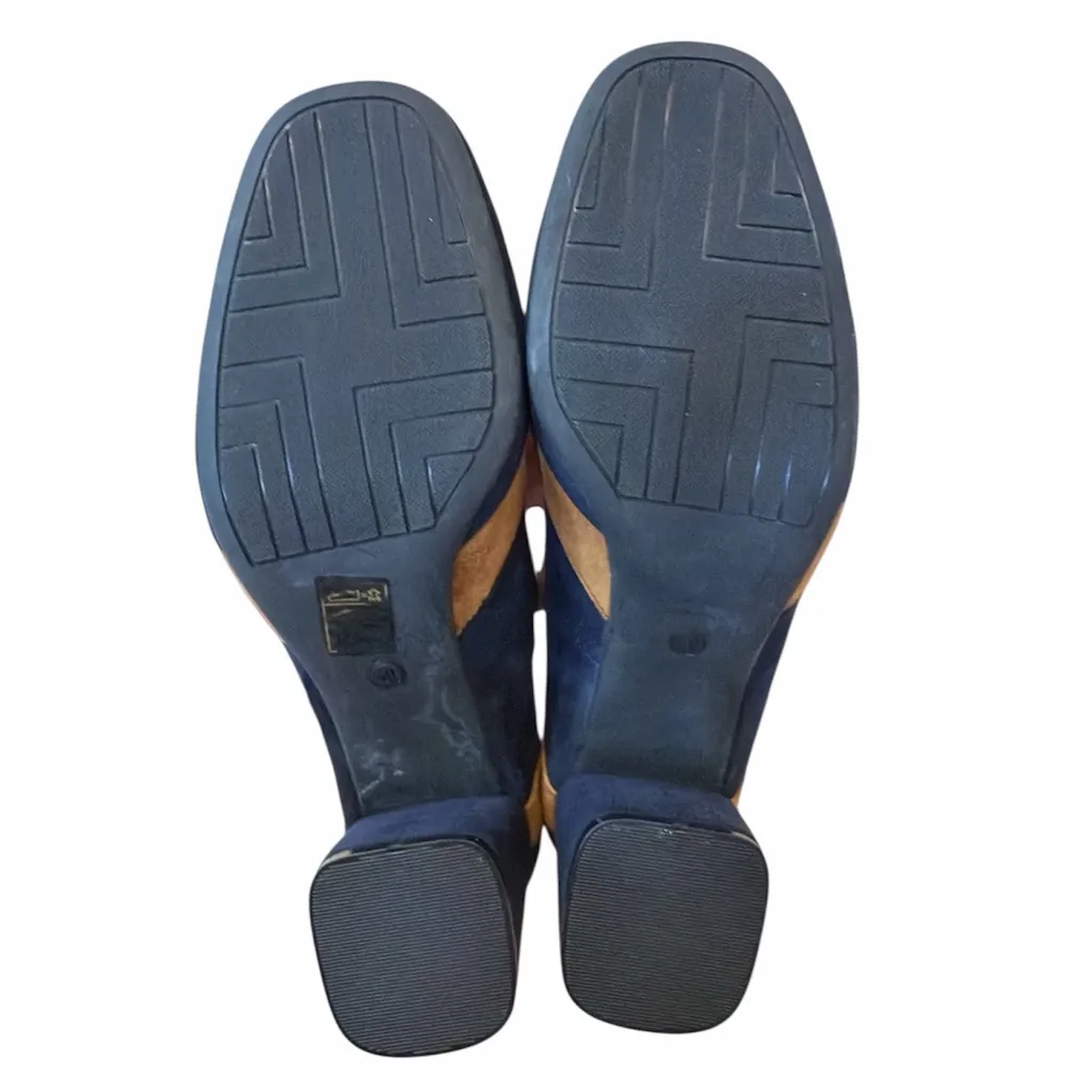 Girotti Navy Blue and Tan Leather Suede Square Heels Size 9 - Image 6