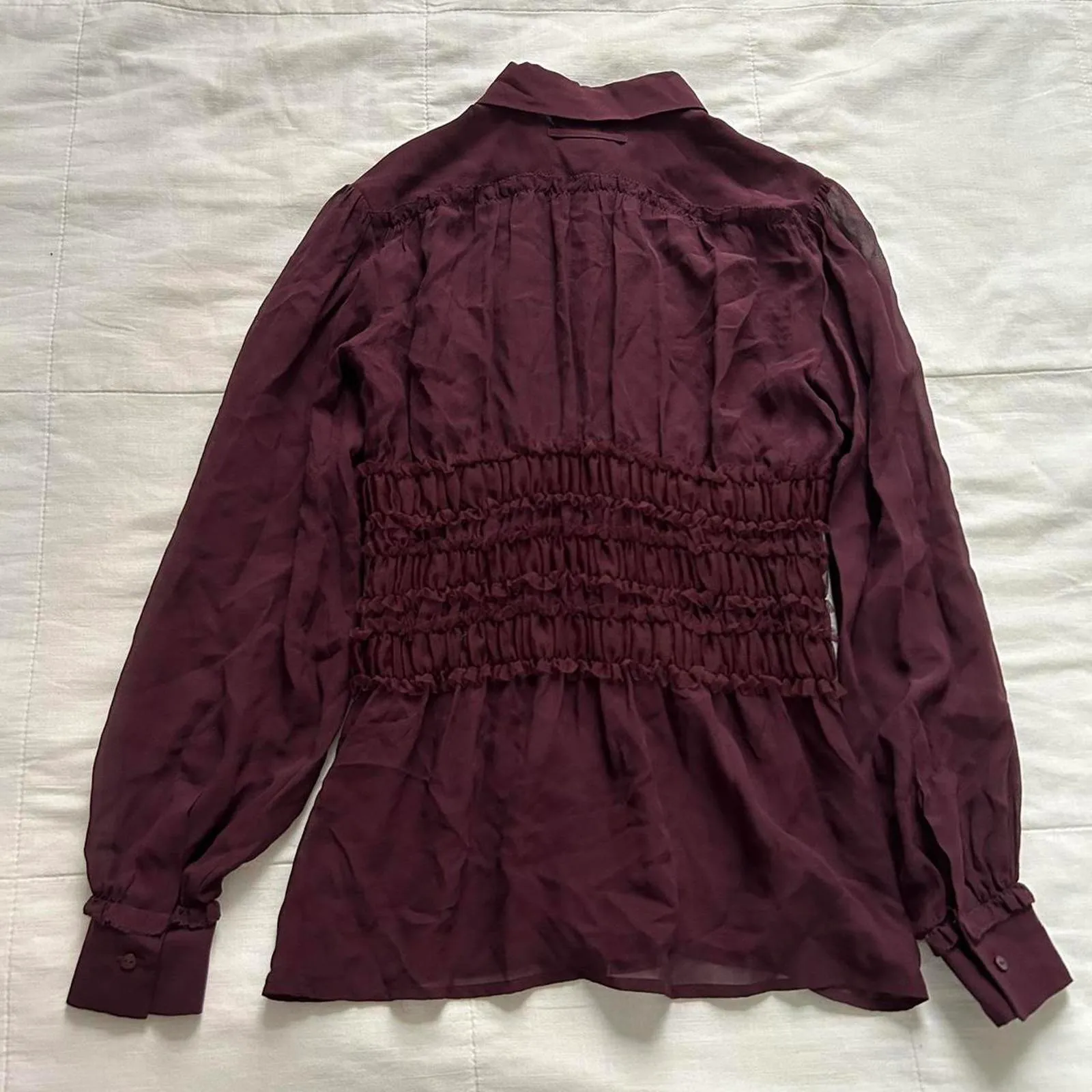 Moda international sheer silk Burgundy Y2K ruffle waist blouse long sleeves Red Size XS - Image 6