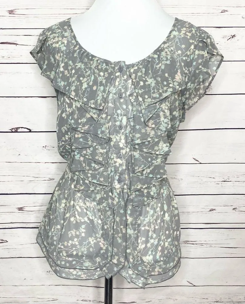 LC Lauren Conrad Gray Floral Ruffle Blouse Top Size Large - Image 7