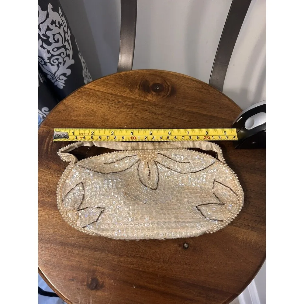 Vintage Sequin Beaded Pearl Clutch Bag Made In Japan Zipper Cocktail Formal - Image 4