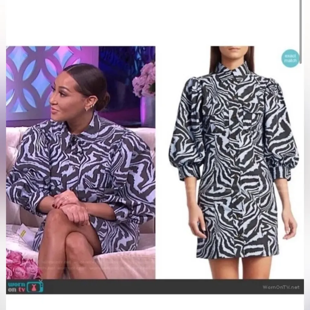 Ganni Blue Black Zebra Animal Print Puff Sleeve Mini Dress Size Small - Image 2