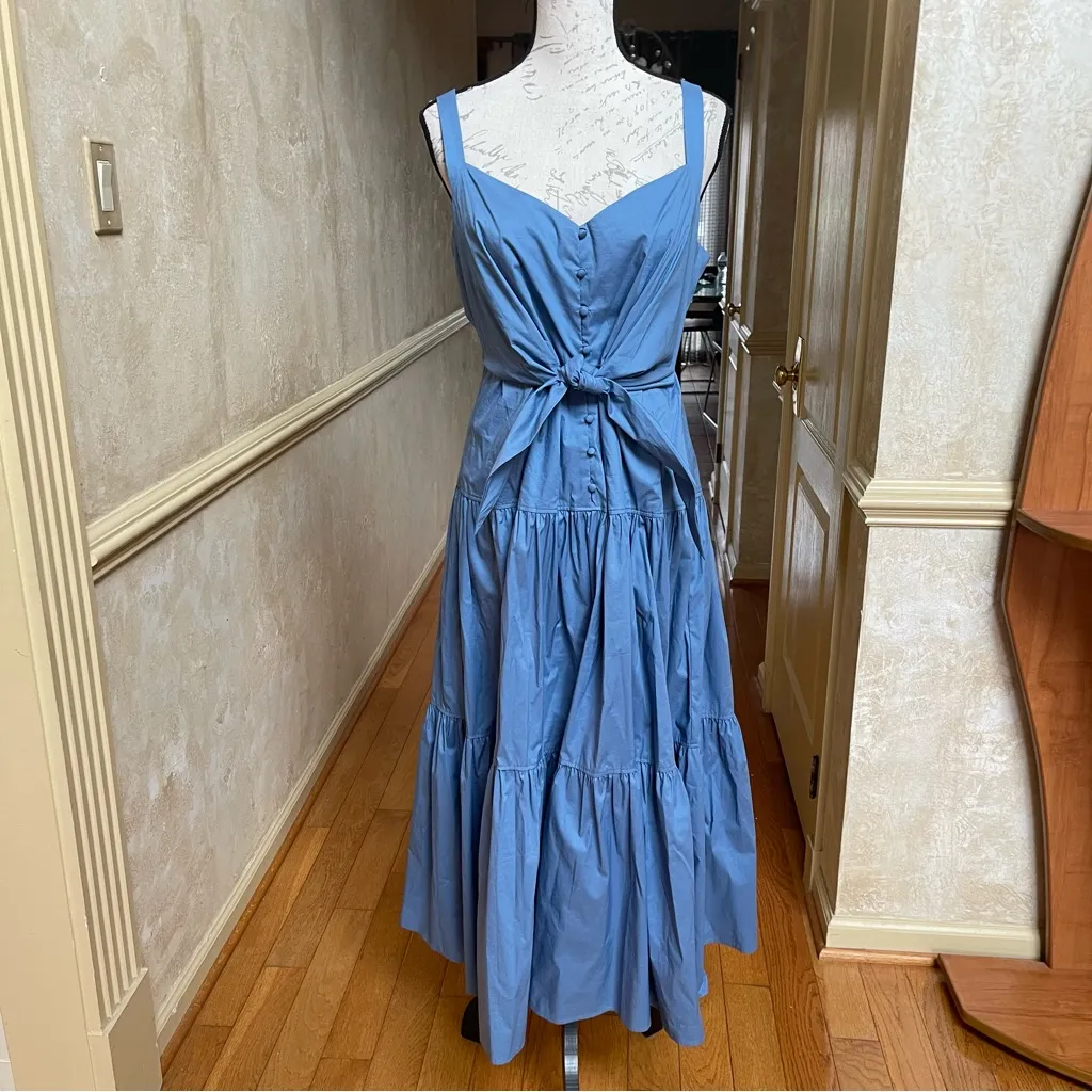 Ralph Lauren Cotton-Blend Tie-Front Tiered Maxi Dress in Pale Azure Blue Sz 12 - Image 4