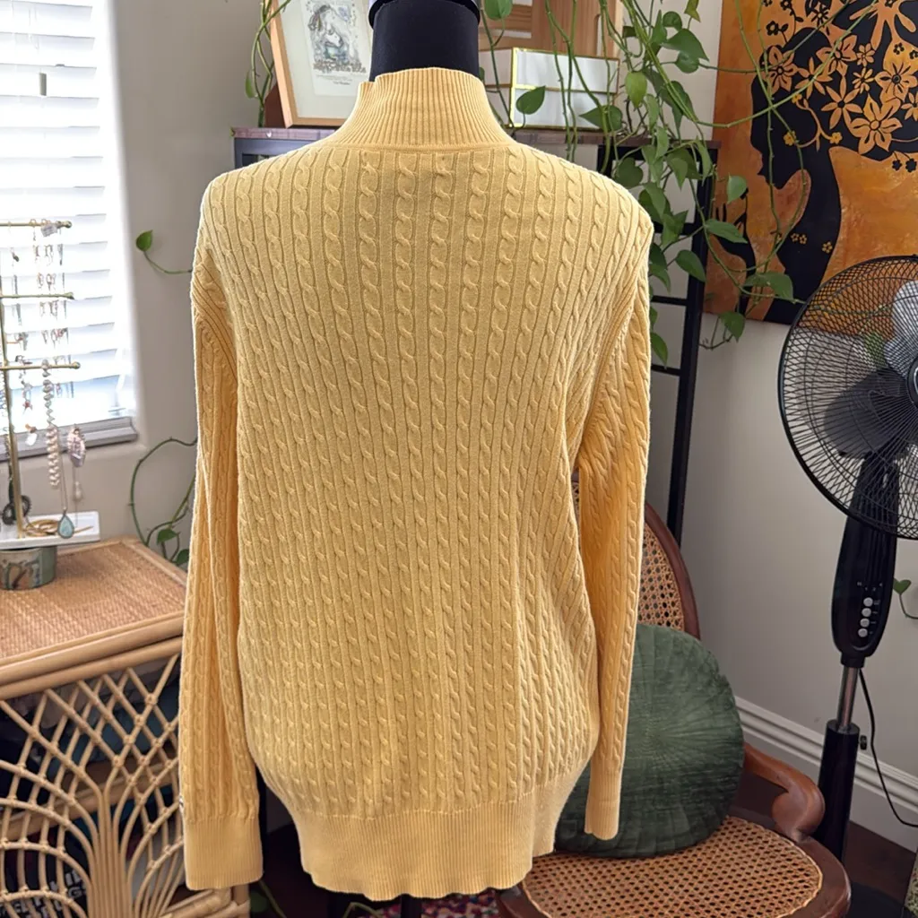 Vintage 80s/90s Tommy Hilfiger Yellow Cotton Cable Knit Zip Up Cardigan Sweater - Image 3