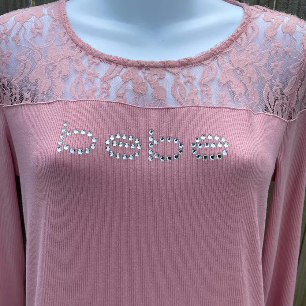 Y2K Bebe pink 3/4 sleeve spell out rhinestone ribbed lace blouse - Image 2