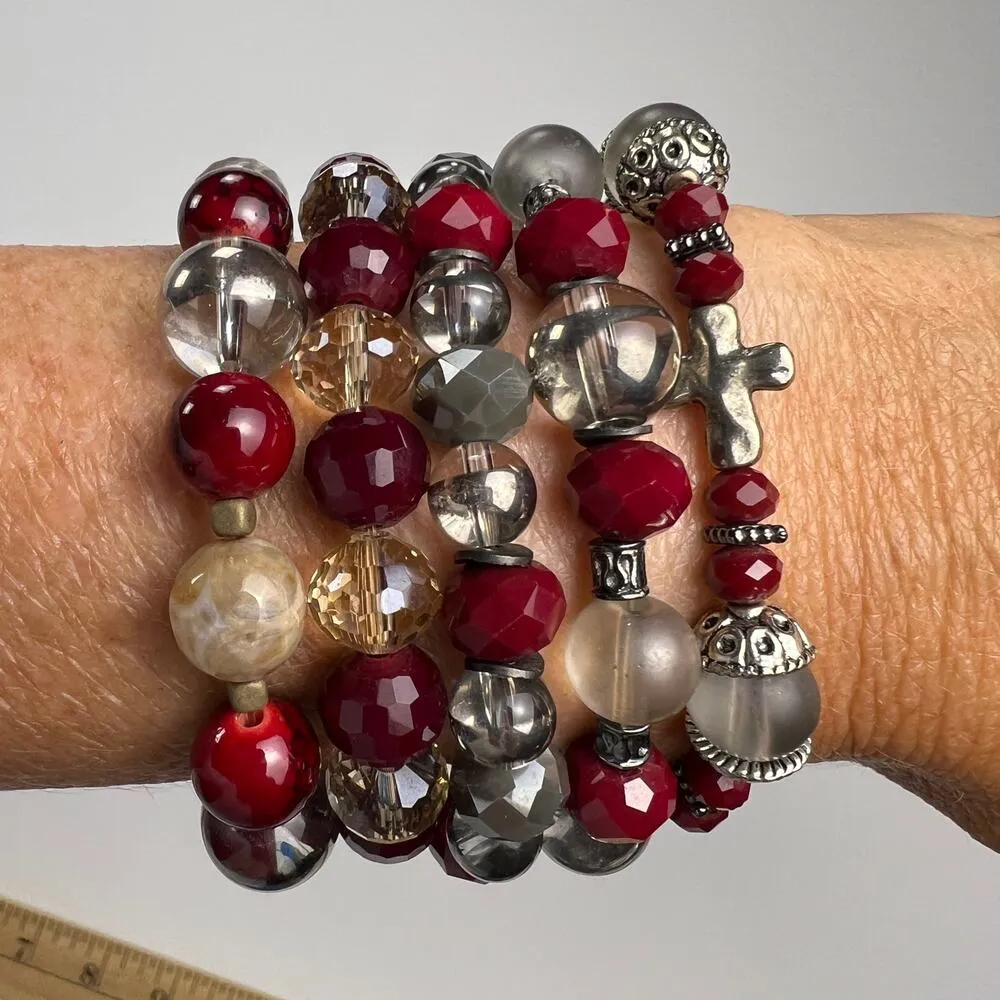 Handmade Beaded Bracelet Set of 5 Deep Red Smoky Gray Silver Tone with Crosses - Image 4