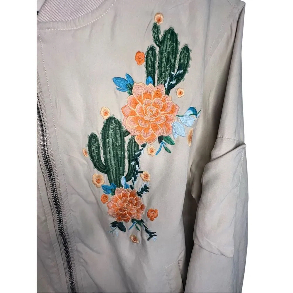 L&B Lucky And Blesses Zip Up Cactus Embroidered Bomber Jacket - Image 3
