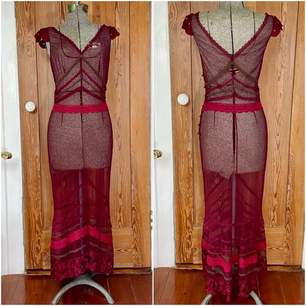 Lela Rose Burgundy Mesh & Lace
Gown - Image 2
