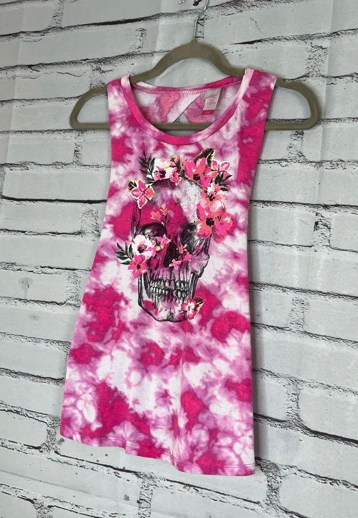 No Boundaries Skeleton Floral Graphic Tee S Pink White Tie Dye Goth Punk Grunge - Image 8