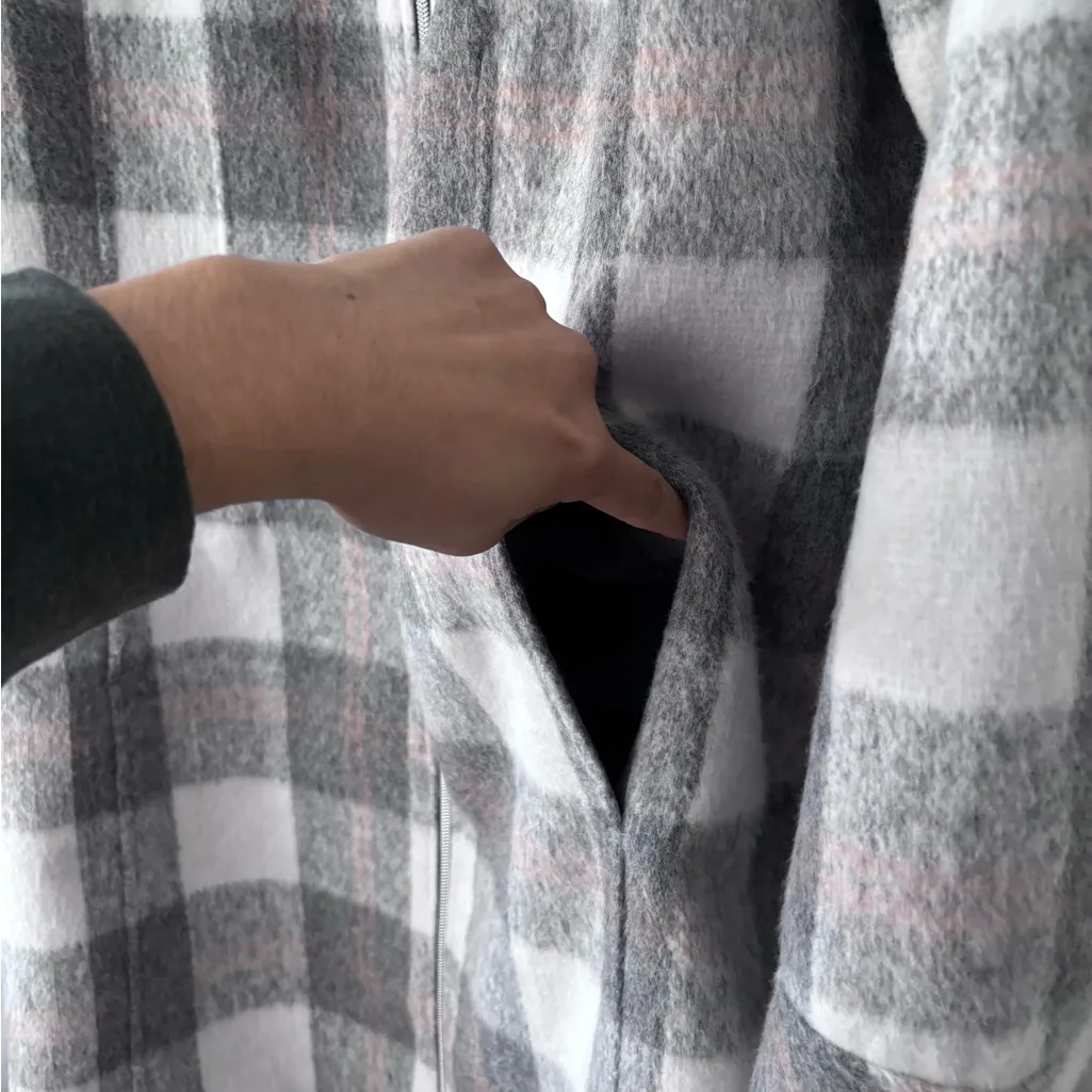 Jones New York Women's Hooded Zip-Up Checkered Pea Coat - Gray - Image 7