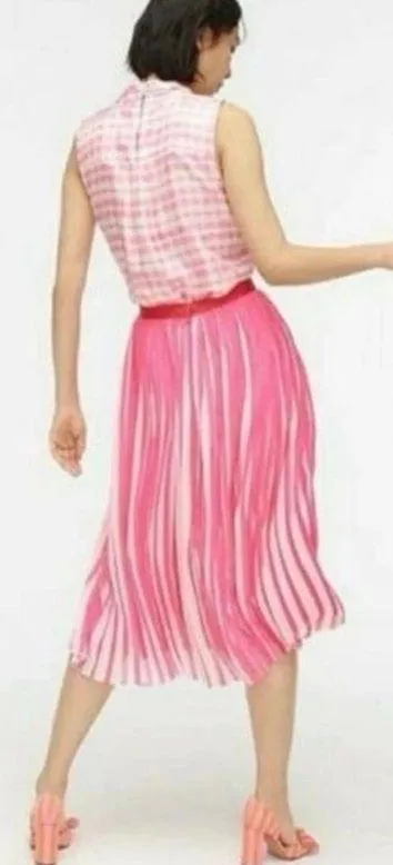 J Crew Size 8 Pleated Midi Skirt Peekaboo Stripe Fuschia Pink White AJ984 - Image 2