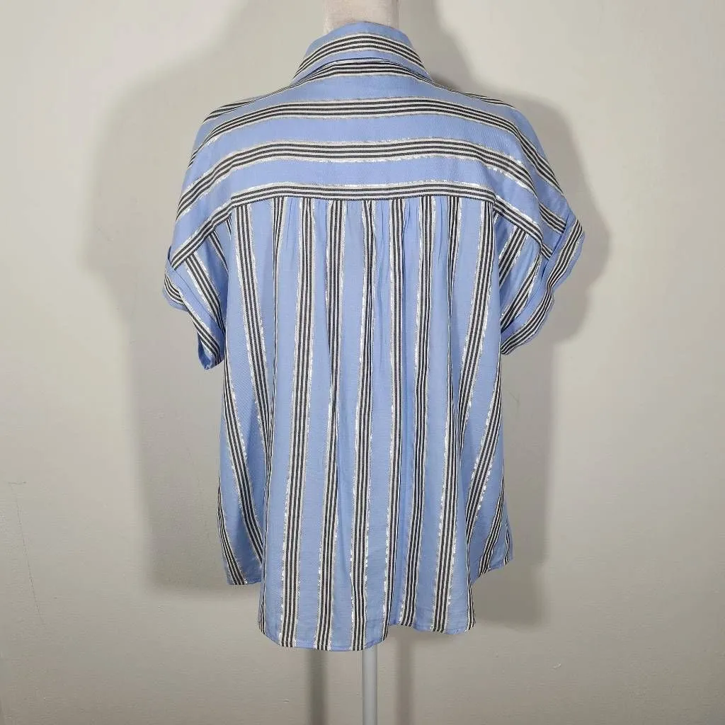 DKNY Blue Striped Button Down Shirt with Silver Metallic Accents NWT Size Medium - Image 5