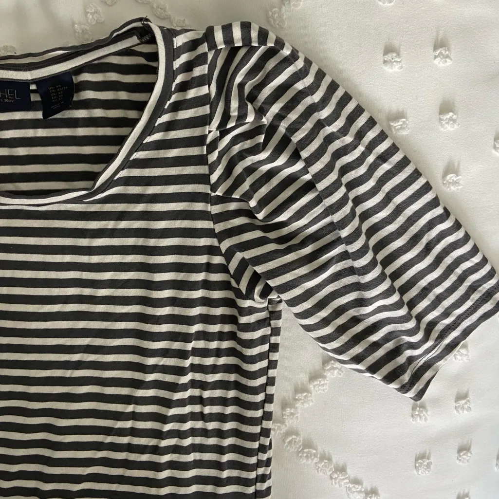 Rachel Roy Striped Top Grey White Puff Sleeve Nautical Fisherman Coastal Grandma Black Size XS - Image 4