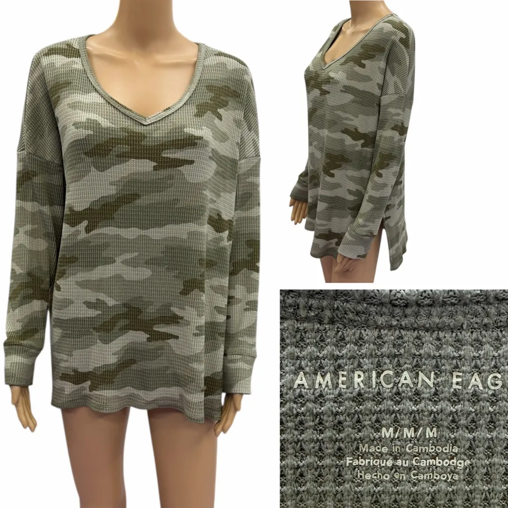 American Eagle Waffle Knit Thermal Green Camouflage V Neck Top Womens Medium - Image 2