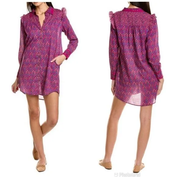 ROLLER RABBIT Darya PurpleāFloral Cotton Shirt Dress Button Front Size Small New - Image 2