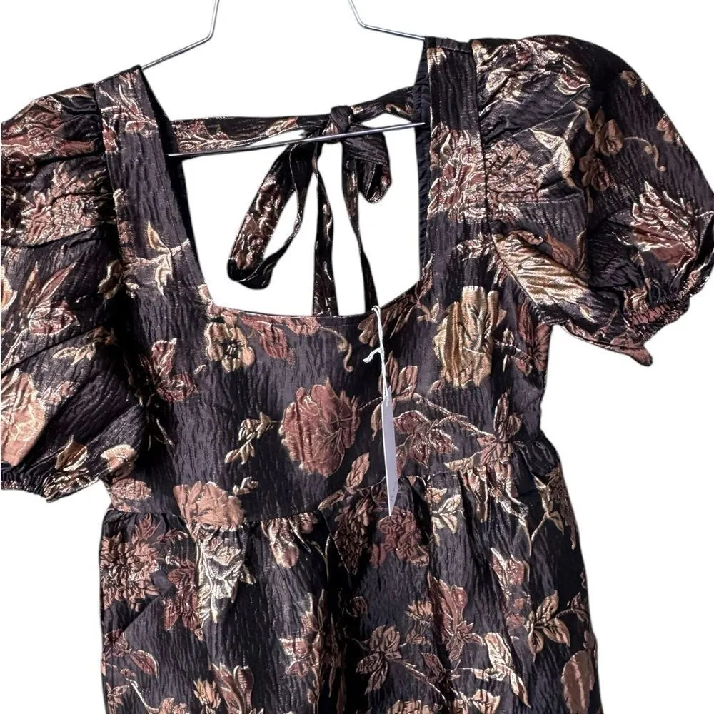 Sophie the Label Gold Puff Sleeve Metallic Jacquard Mini Dress S NWT Black - Image 4
