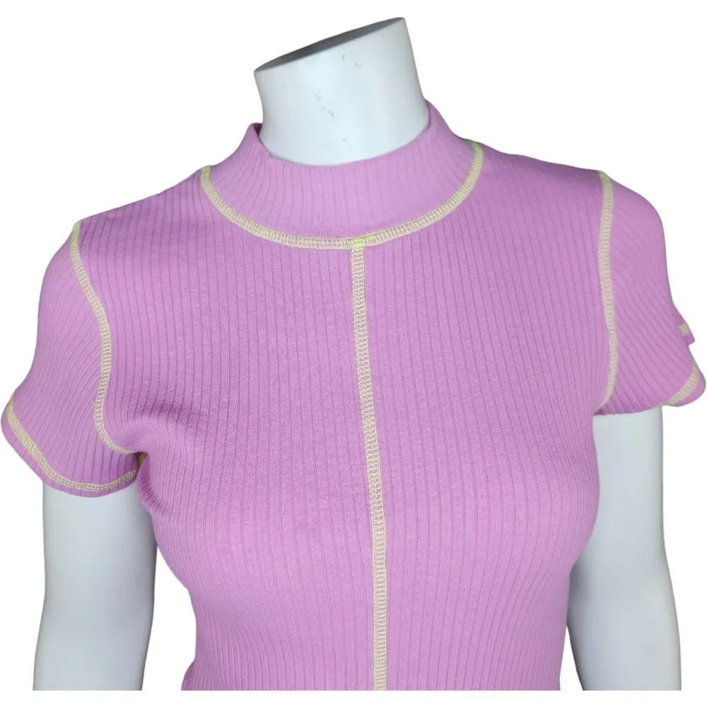 Daydreamer Contrast Stitch Short Sleeve Ribbed Mockneck Baby Tee Lilac Bloom Med - Image 2