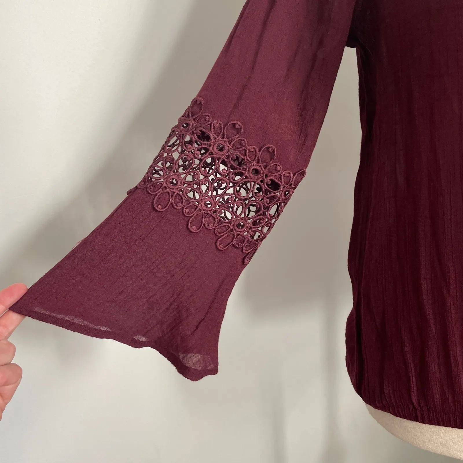 Vtg 90s Self Esteem Bell Sleeve Blouse Medium Maroon Boho Chic Renaissance Fairy - Image 4