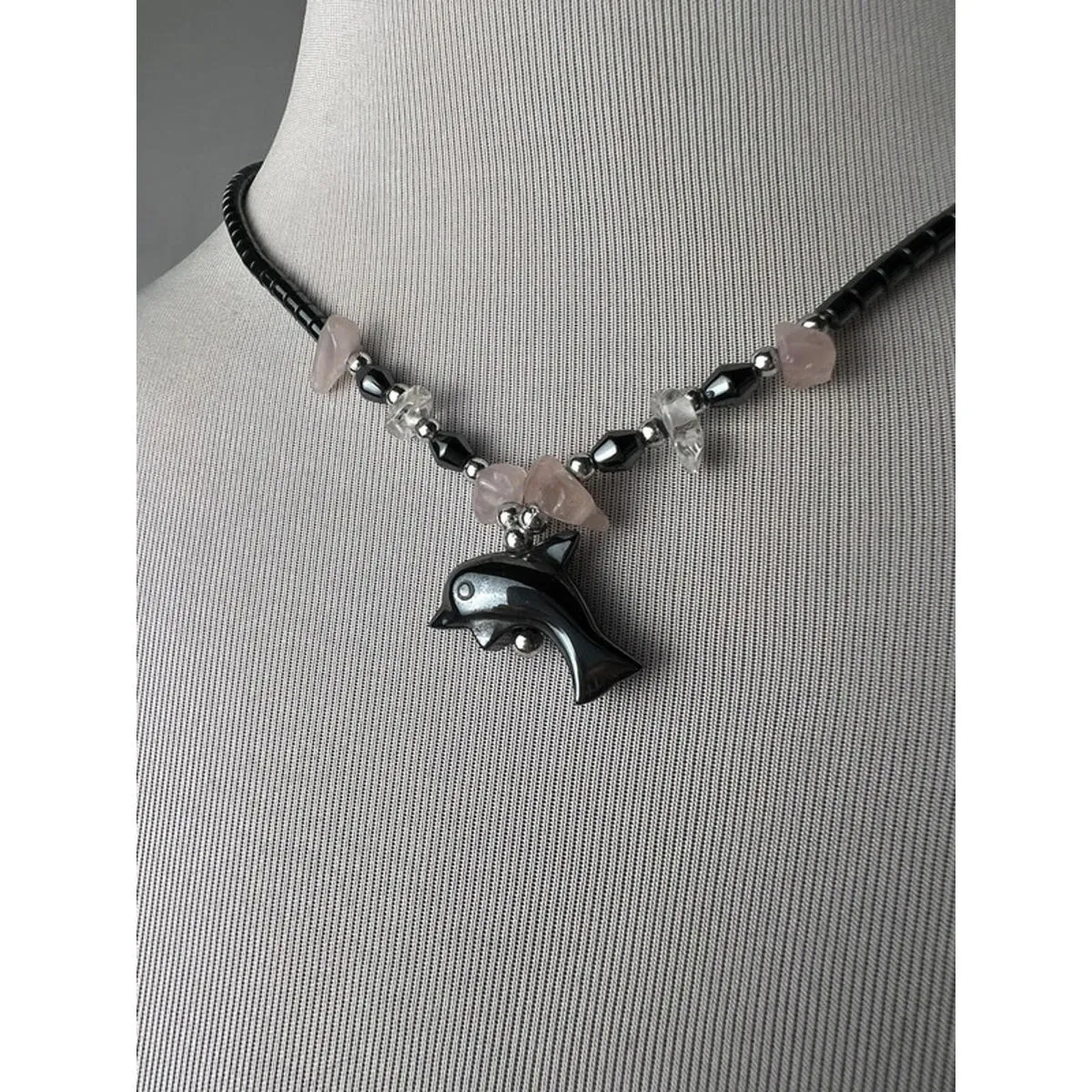 Vintage Dolphin pendant charm hematite beaded metallic necklace Silver - Image 3