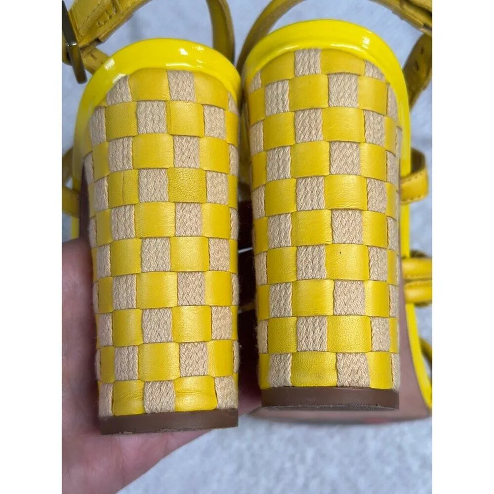 Tory Burch Bright Yellow Leather Strappy Basket Woven Covered Heel Sz 7 - Image 3