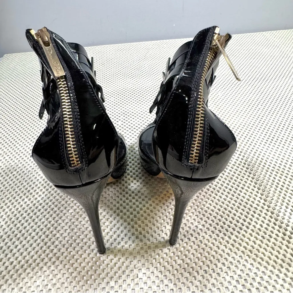 Oscar De La Renta Black Patent Leather Woven Ankle Heels 40, US 10 - Image 7