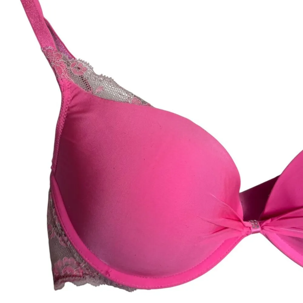 Victoria's Secret Women's 36B Bra Plunge Padded Pink Lace Feminine‎ Barbiecore - Image 2