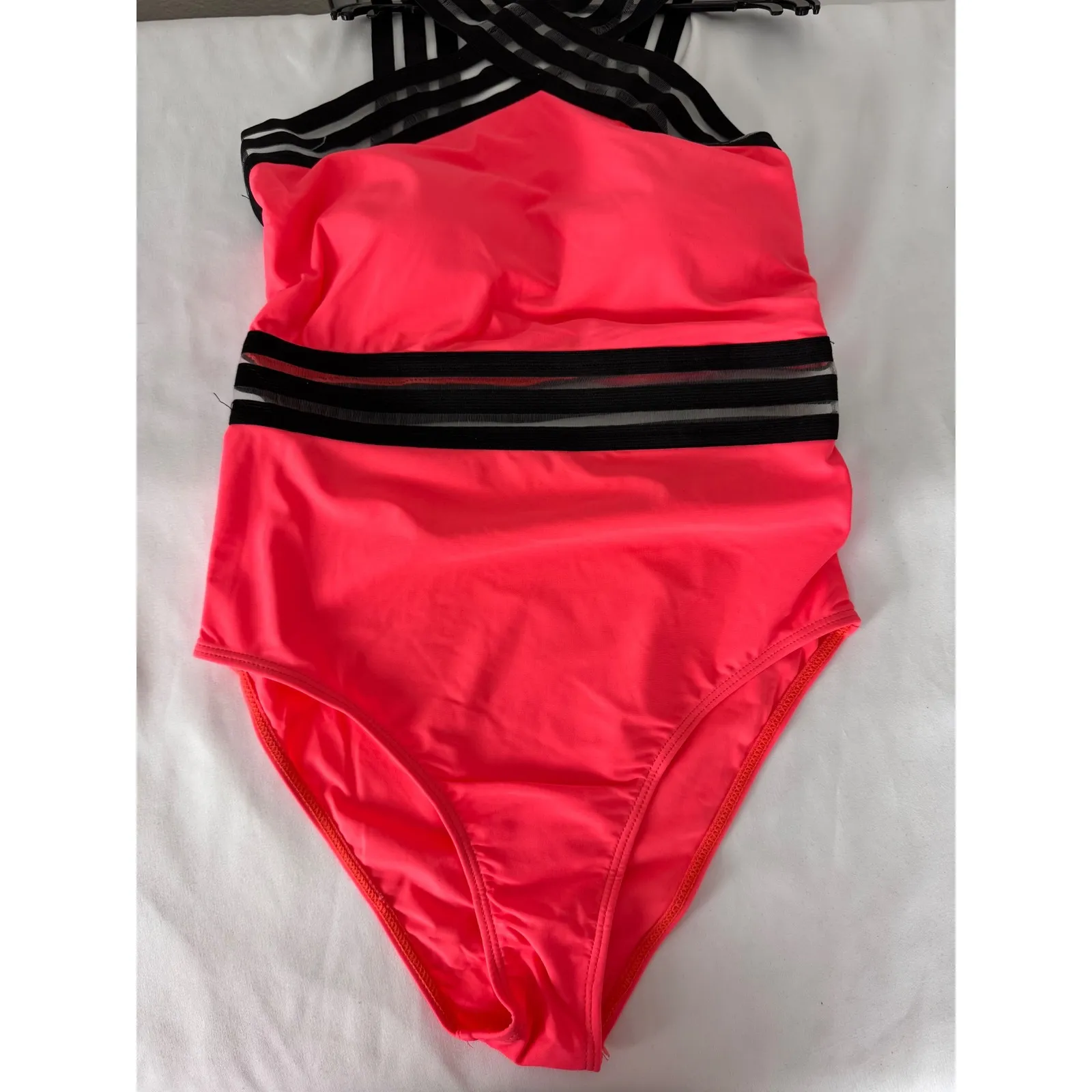 Emme Jordan One Piece Swimsuit Criss Cross Neon Pink Black Mesh‎ Size S - Image 2