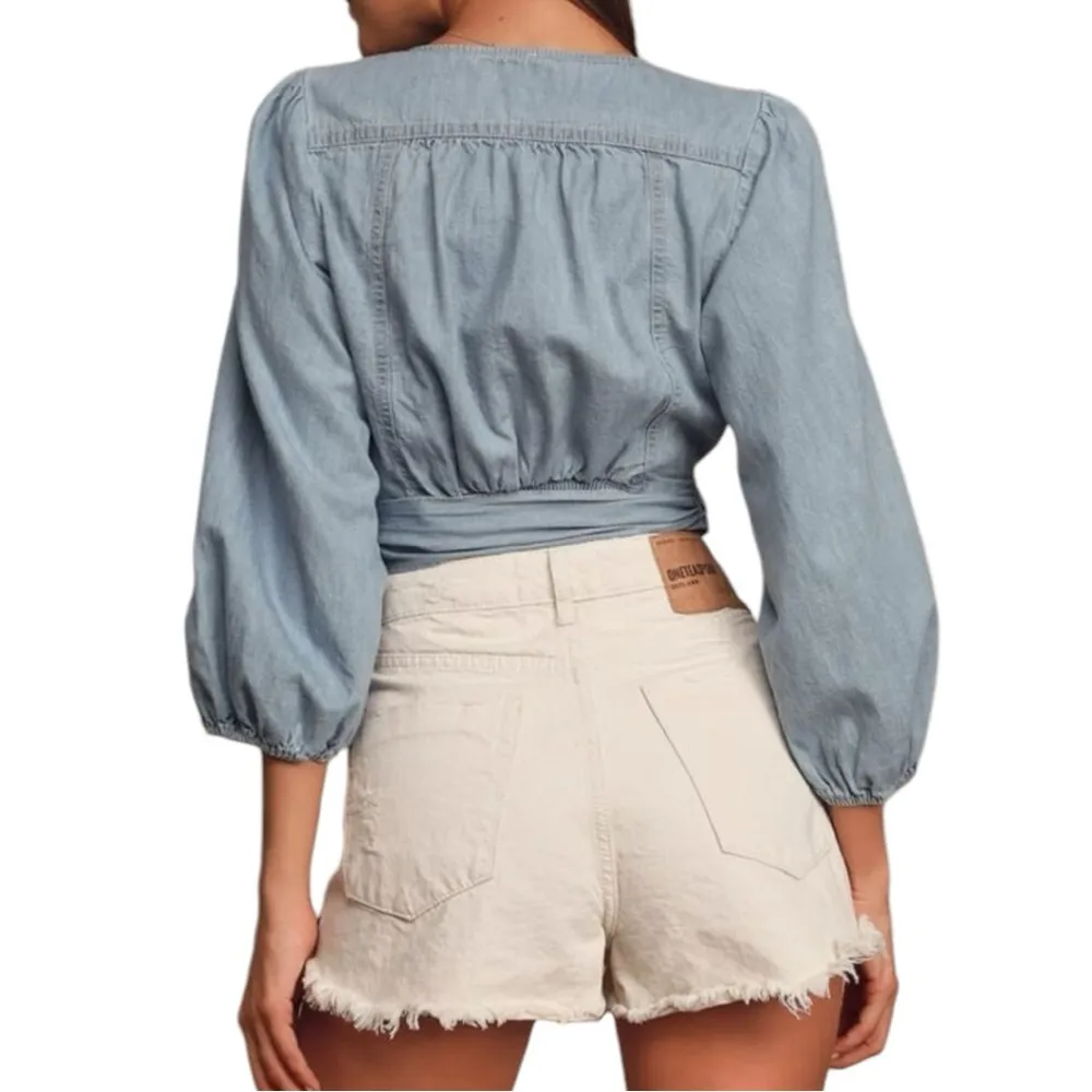 Free People Sophie Medium Wash Denim Cropped Wrap Top Long Sleeves sz Small NWT - Image 3