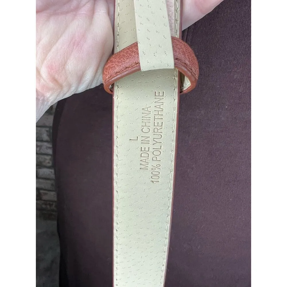 belt vegan leather tan interlocking circles buckle gold - Image 9