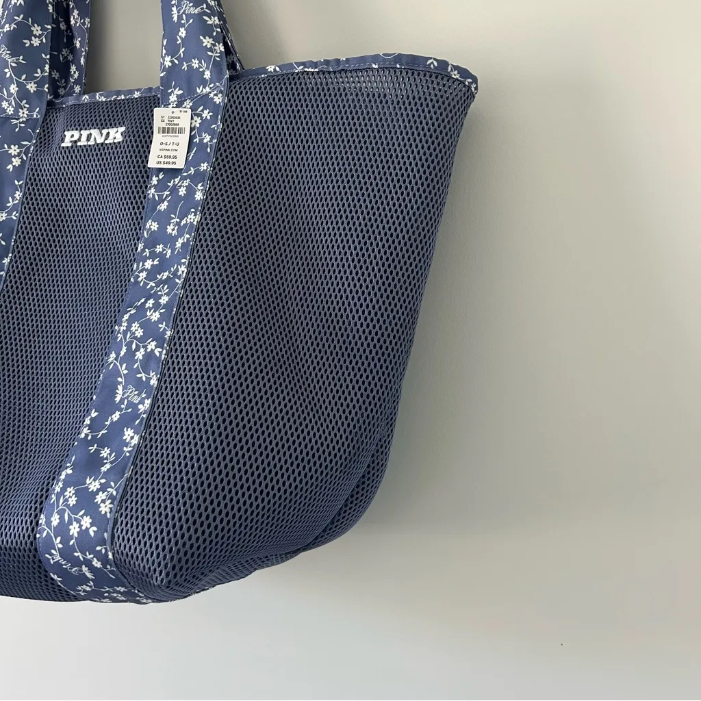 PINK by Victorias Secret Blue Floral Mesh Oversized Zip Top Tote Bag NWT - Image 6