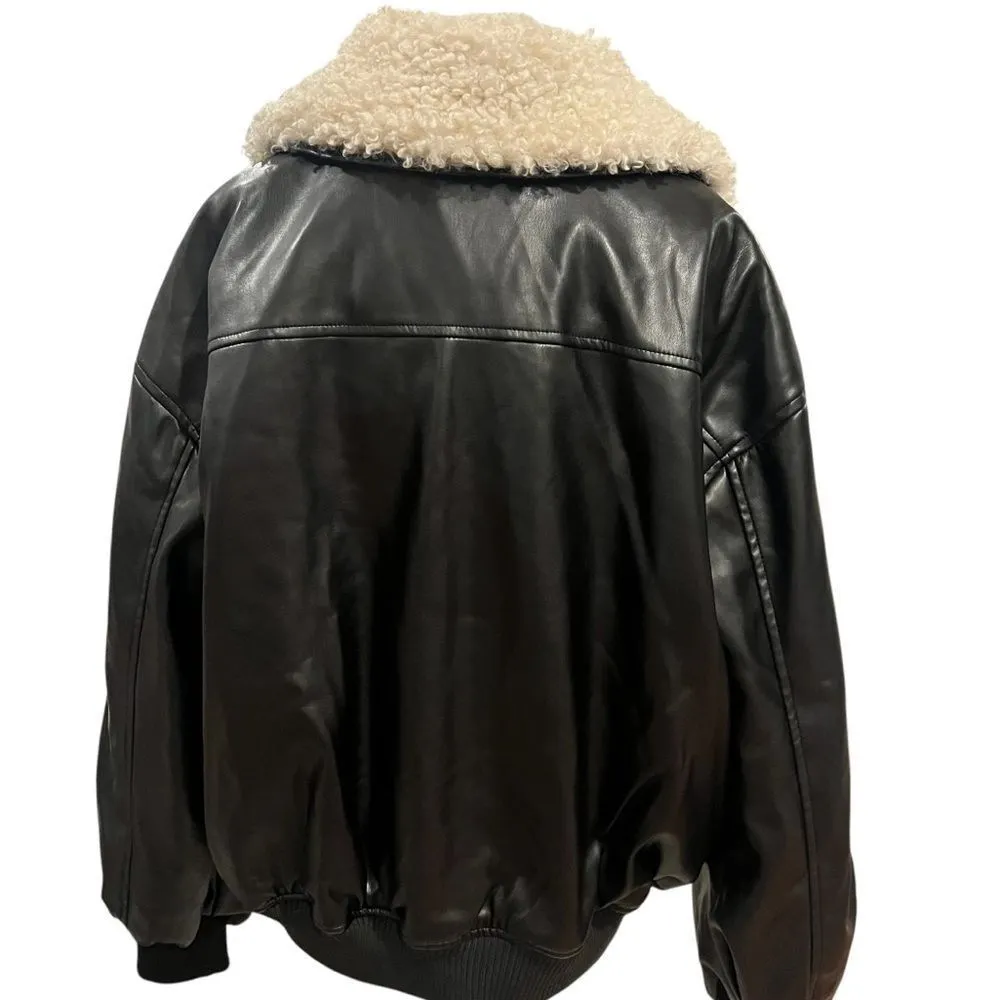 WeWoreWhat black bomber jacket in vegan leather and‎ faux Sherpa XS - Image 8