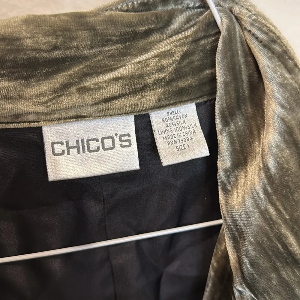 Chico's Womens Velvet Jacket Blazer Size 1 Silk Blend Green Long Sleeve Lined - Image 7