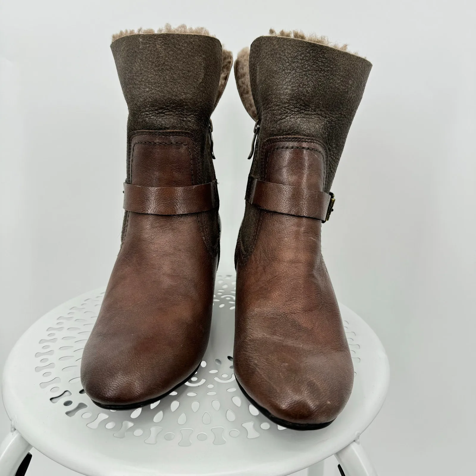 Bussola Barbados brown leather zip harness fur lined low heel ankle boots 37 NEW Size 6 - Image 3