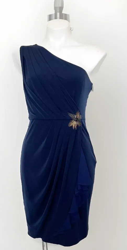 MAX and CLEO embellished DRESS Navy blue SIZE 4 One Shoulder fitted mini - Image 1
