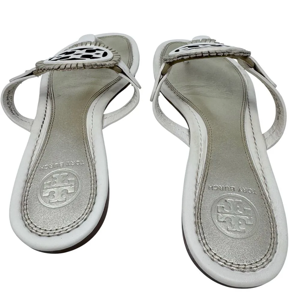 TORY BURCH Metallic Gold Cream Fringe Miller Logo Sandals Flip Flops Size 6.5 - Image 5