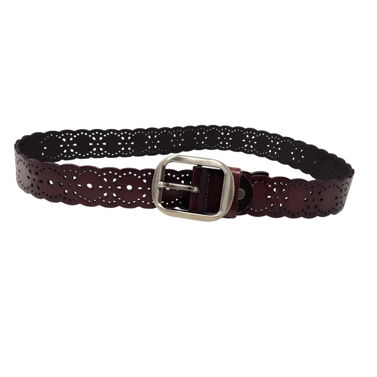 Brown Leather Hollow Out Decorative Travel Western Boho Buckle Belt Size Large - Image 4