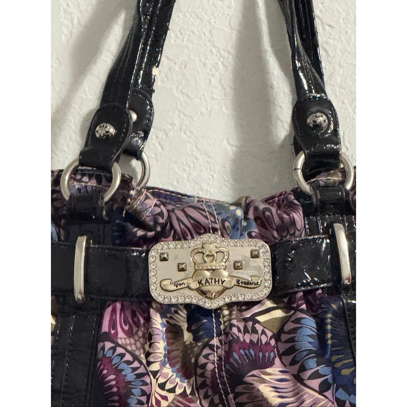 Kathy Van Zeeland Metallic Trim Purple Floral Satchel hobo bag purse - Image 2