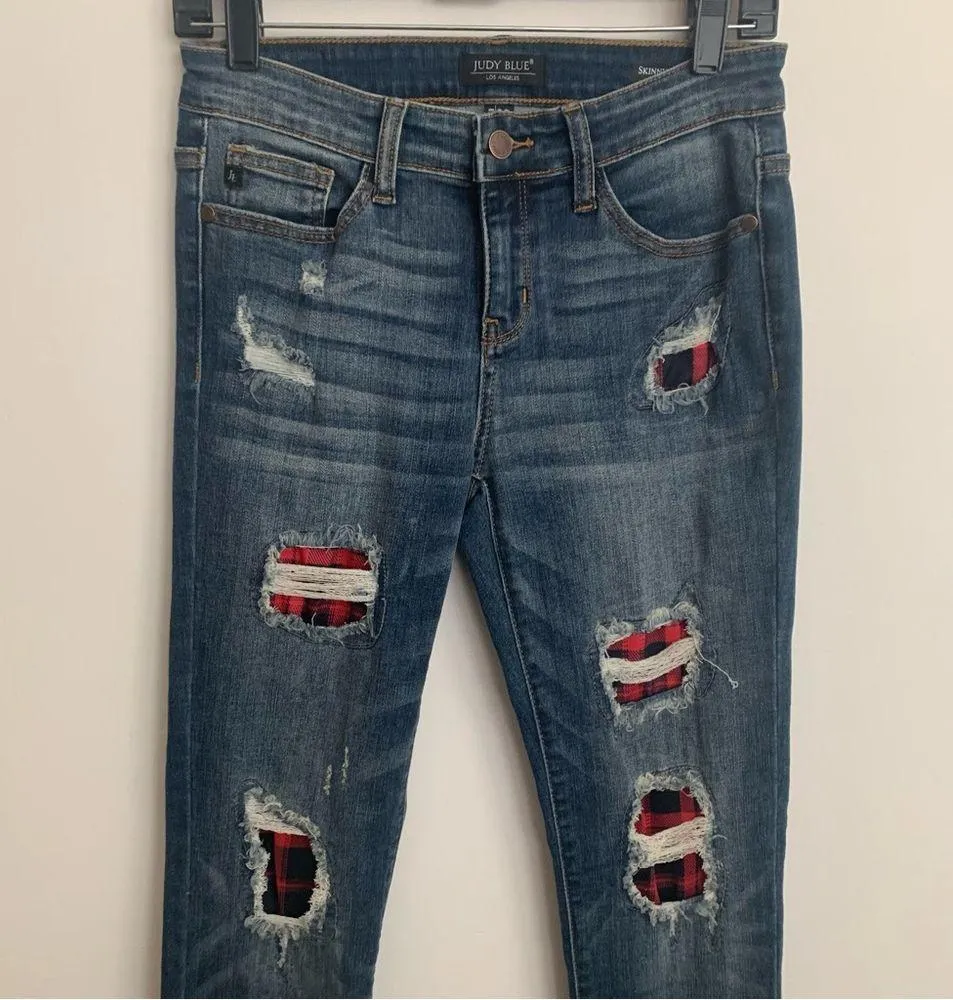 Skinny Fit Distressed Plaid Patch Jeans Size 7/28 - Image 5